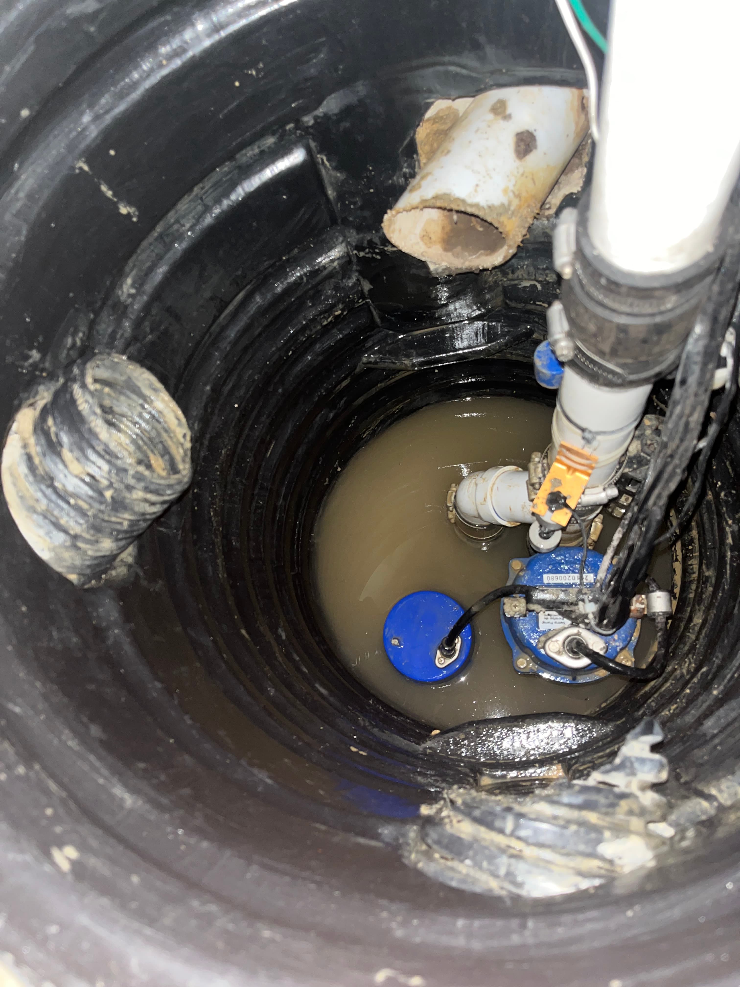 Install showing blue alarm seal and discharge connection