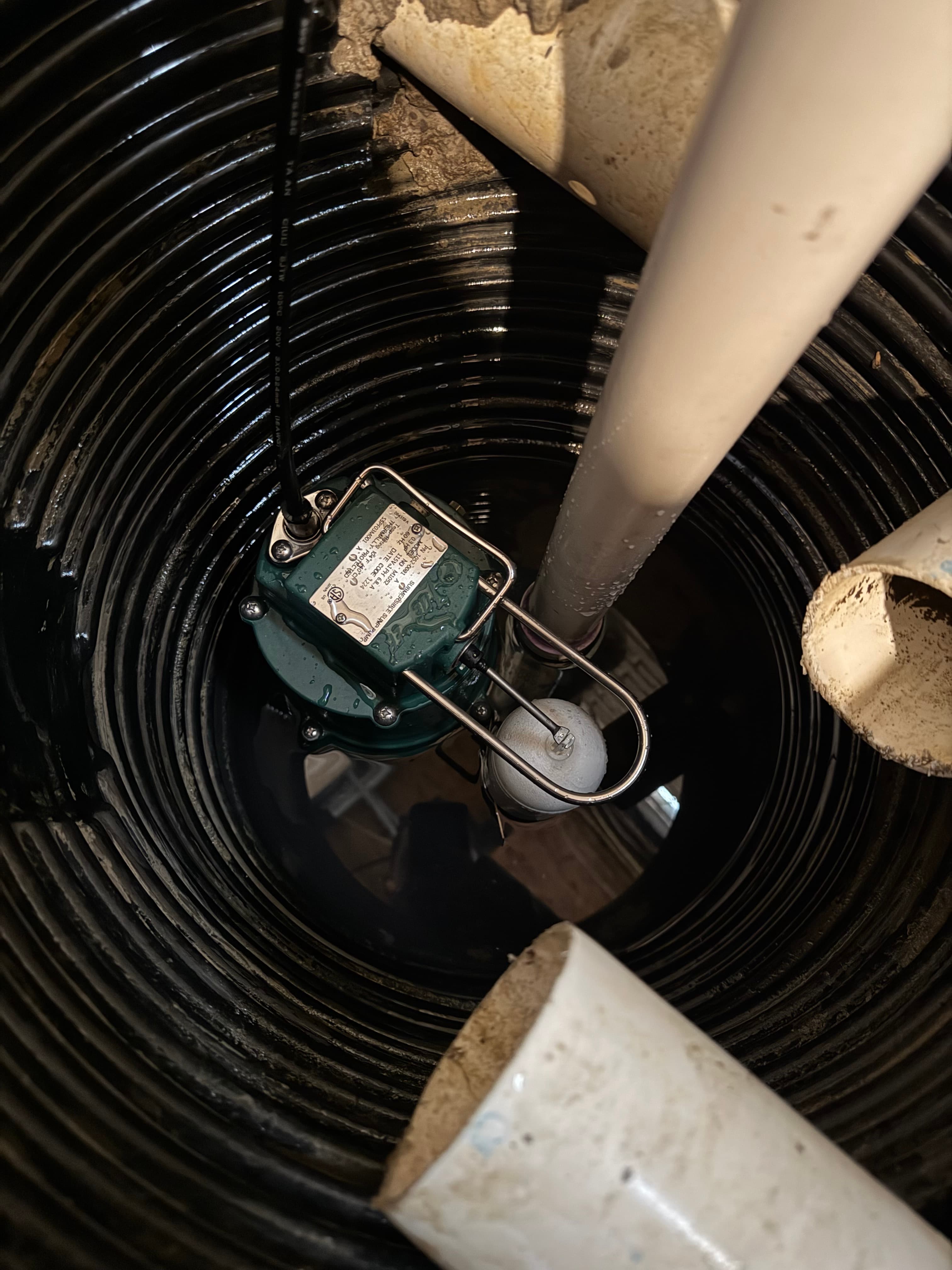 Zoeller cast-iron pump installed with new PVC discharge and check valve